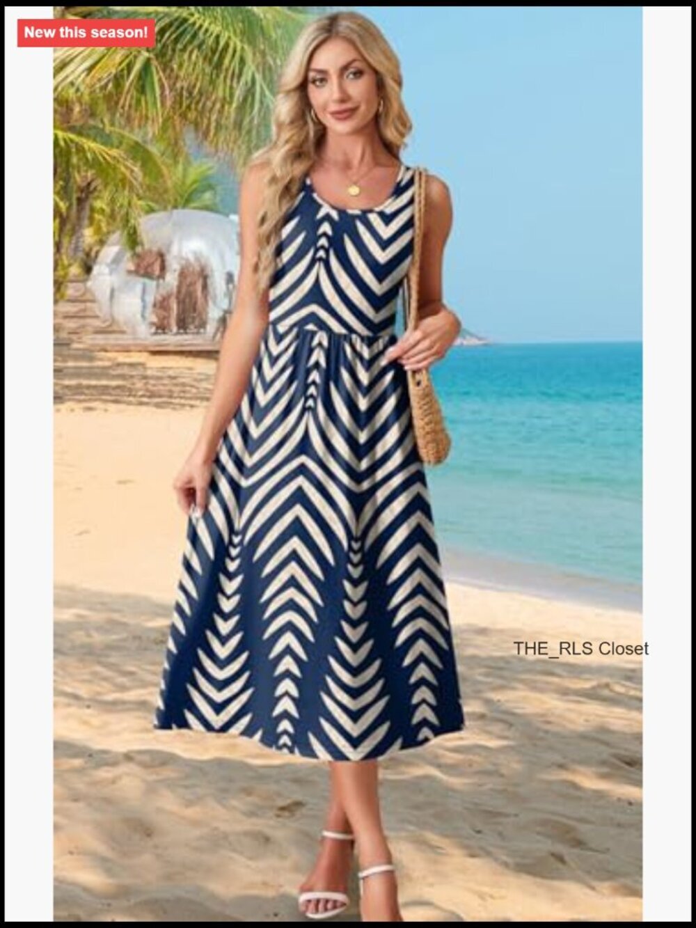 Flowy Casual Midi Dress with Pockets, Scoop Neck, Sleeveless - Picture 3 of 7